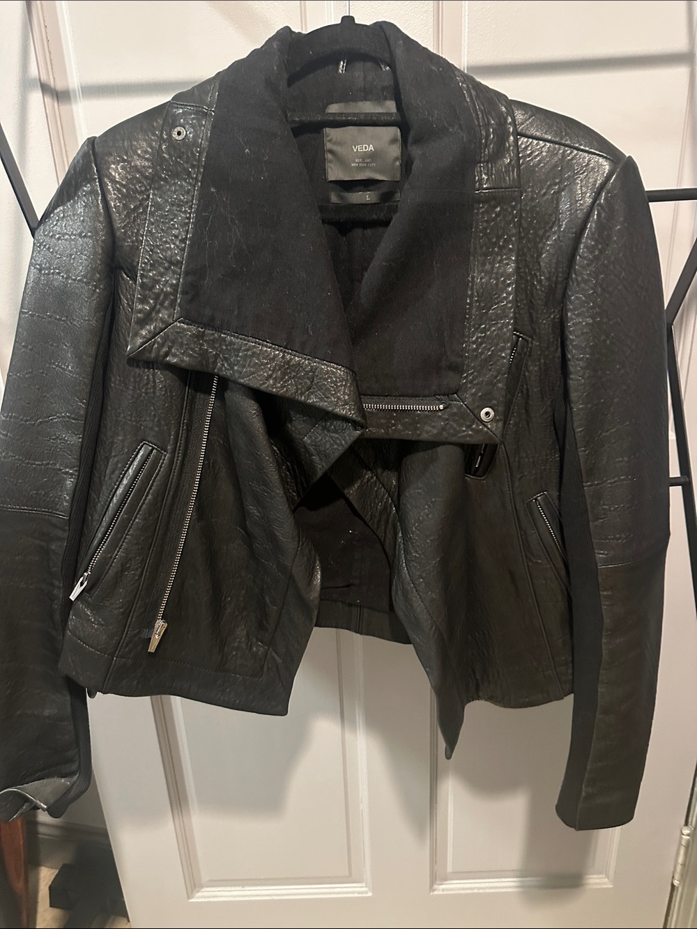 Veda Black  Leather Draped Moto Jacket large